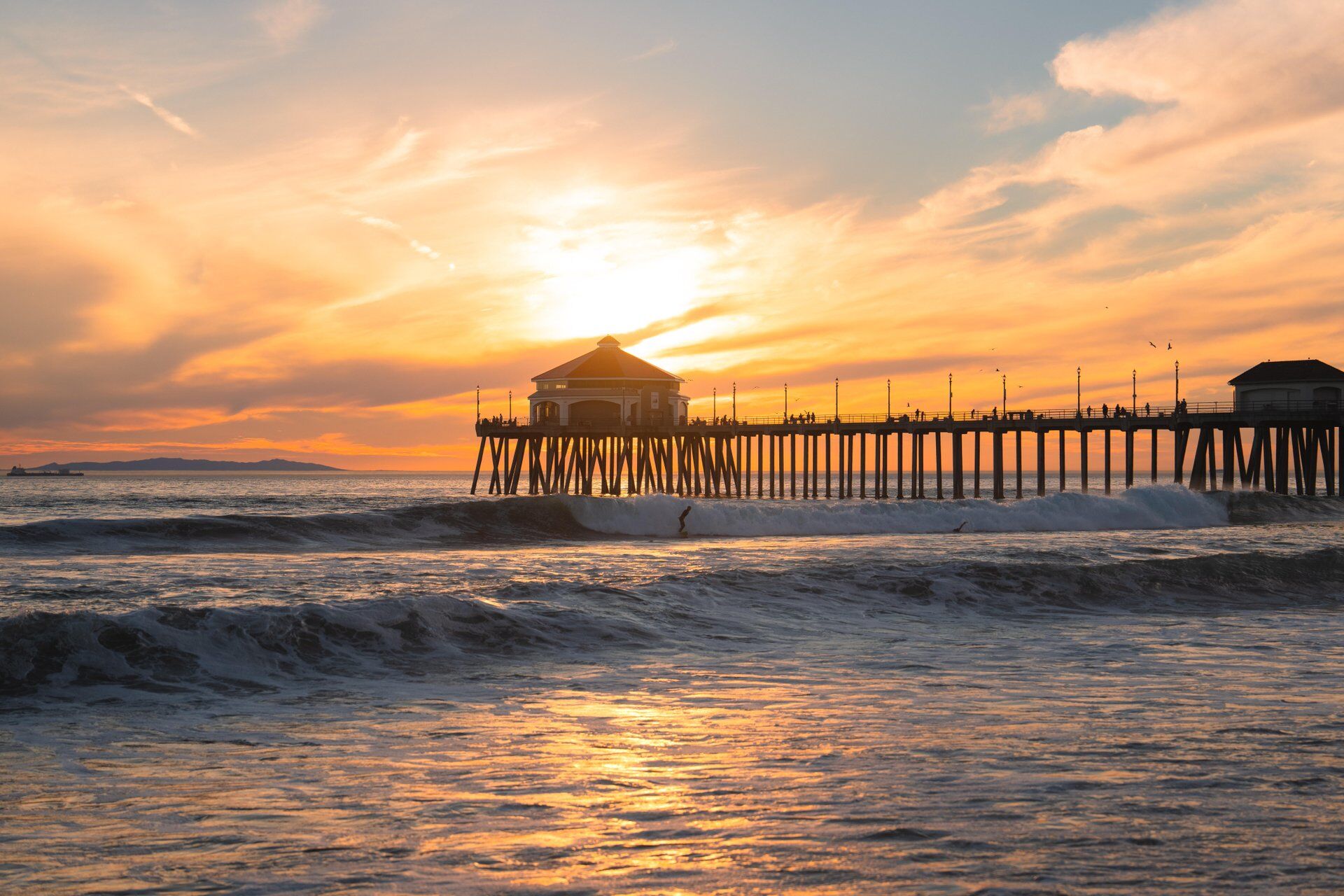 The Huntington Beach Pier at sunset